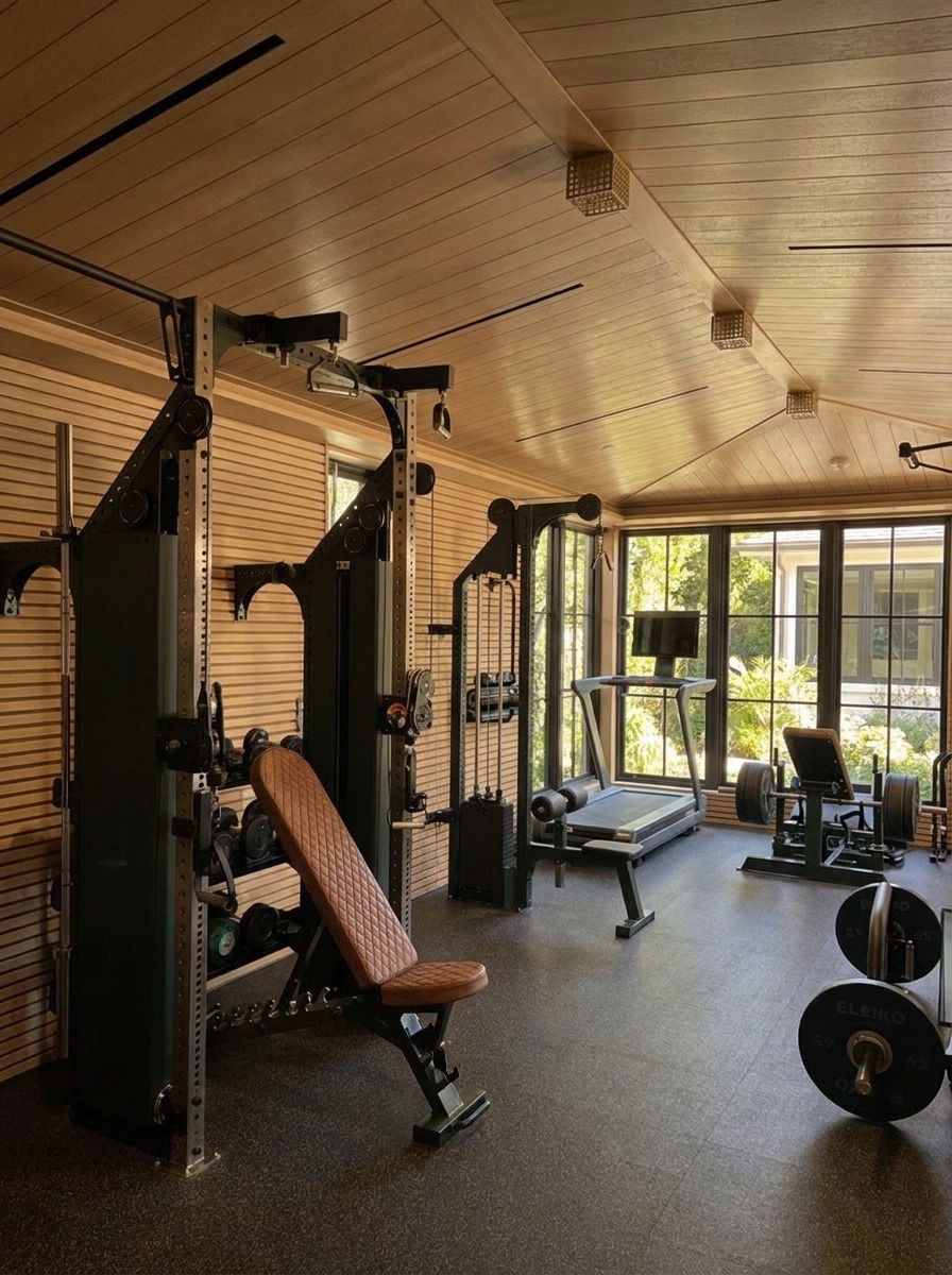 Jupiter Island private gym with wood-lined architecture, strength equipment, and garden-facing windows